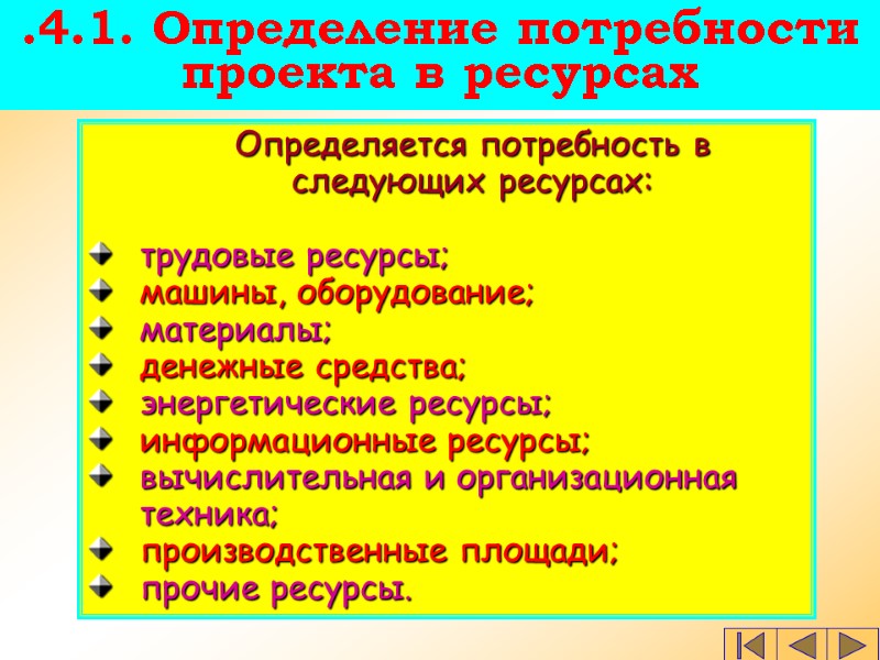 .4.1. Определение потребности проекта в ресурсах  Определяется потребность в следующих ресурсах:  трудовые